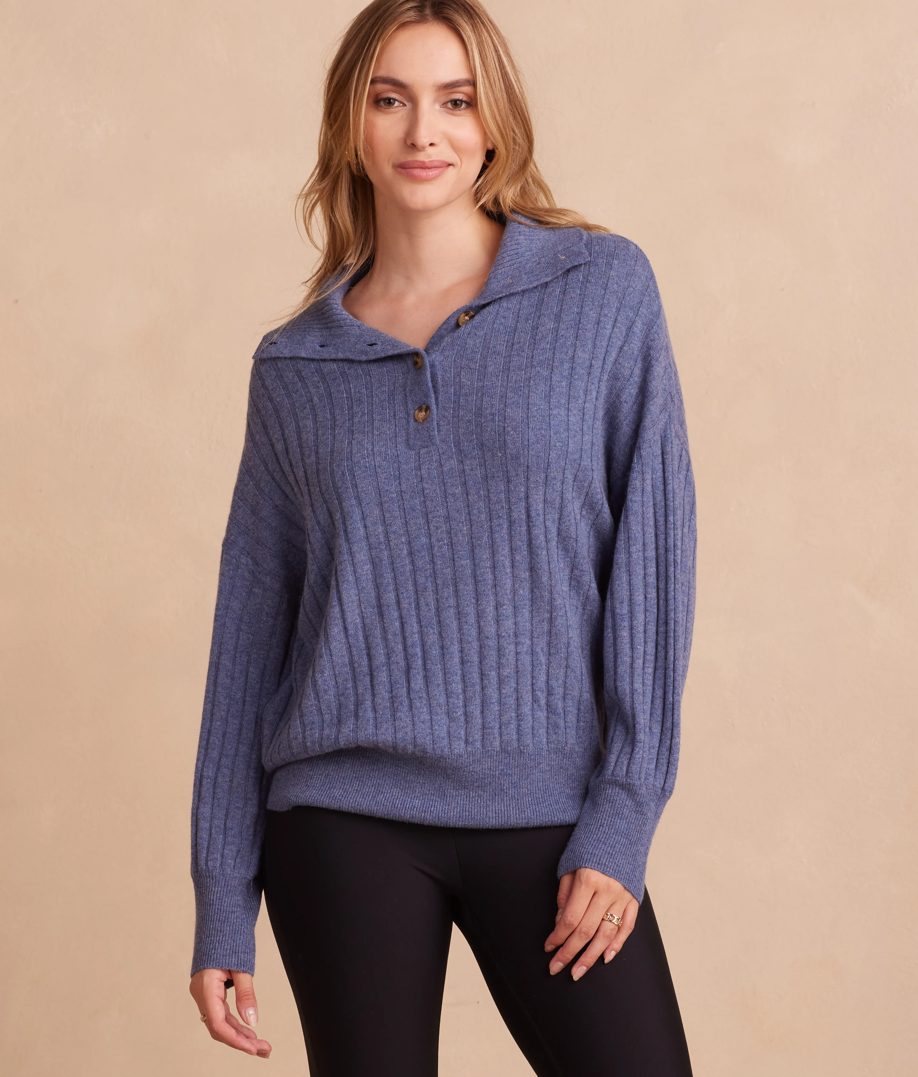 The Coziest Cashmere Blend Ribbed Half-Button Sweater - Main