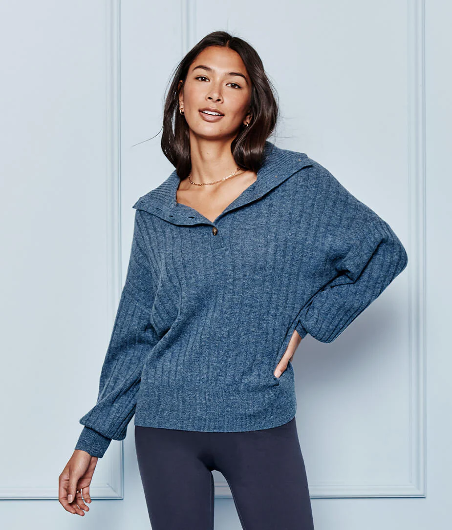 The Coziest Cashmere Blend Ribbed Half-Button Sweater - Main