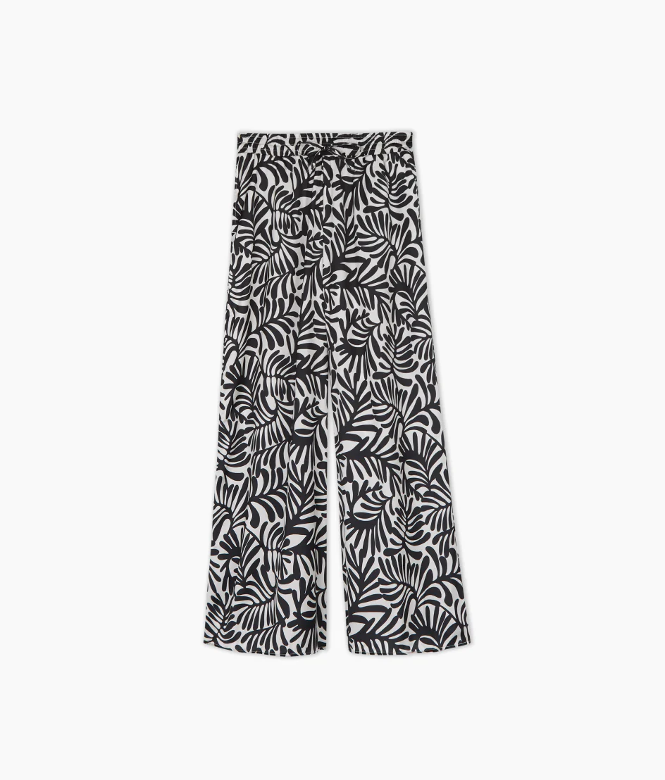 The Silky Luxe Palazzo Pants with Ties - Abstract Palm in Sea Urchin & White Sand