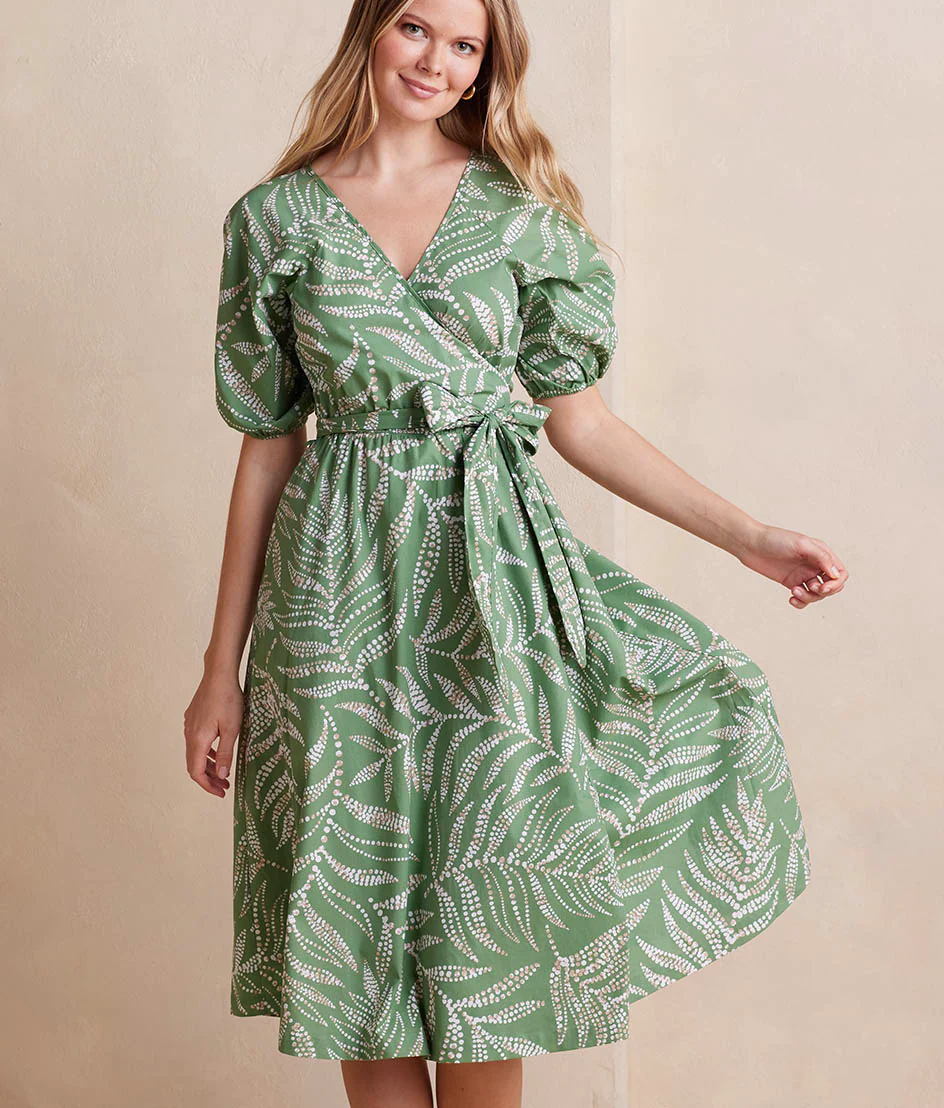 The Coastal Poplin Puff-Sleeve Wrap Midi Dress - Dotted Palms in Seagreen & White Sand